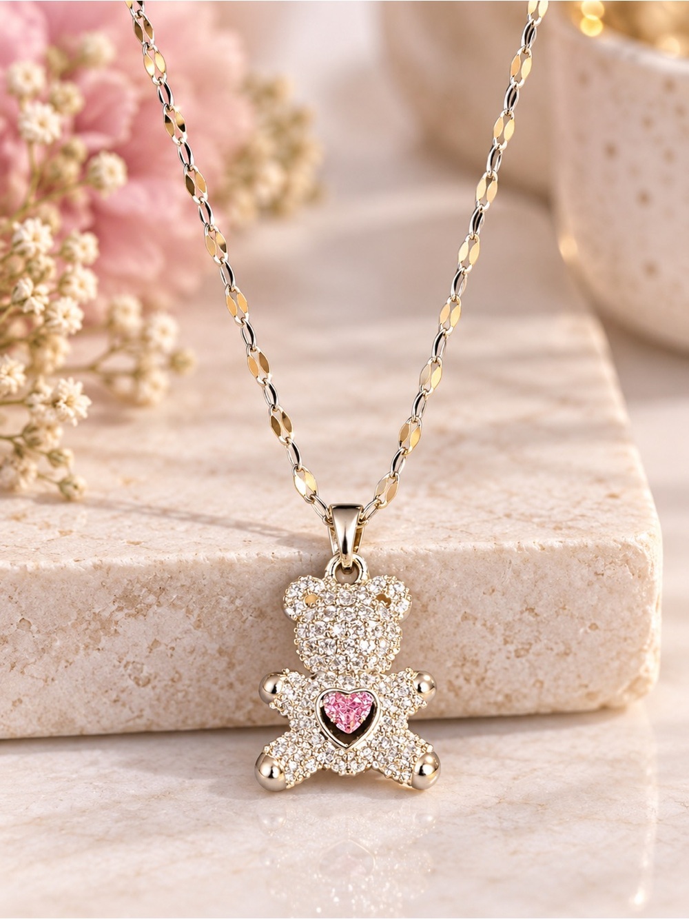 🧸🩷 Sparkling Teddy Bear Pendant Necklace Silver Tone Pink Heart Crystal Cute Gif